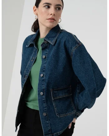 Jacheta din denim cu maneci cazute - Bleumarin