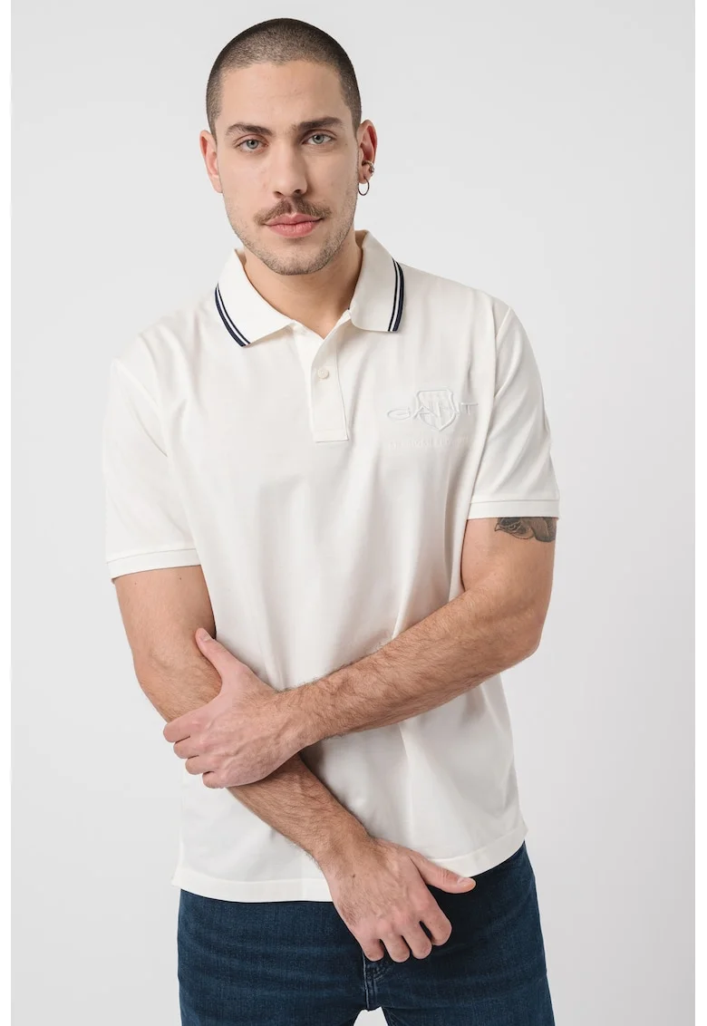 Tricou polo de bumbac cu logo brodat - Alb fildes