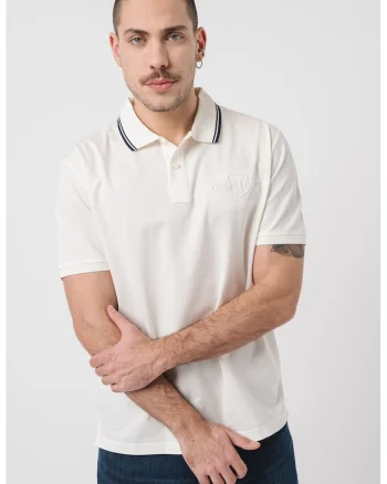 Tricou polo de bumbac cu logo brodat - Alb fildes