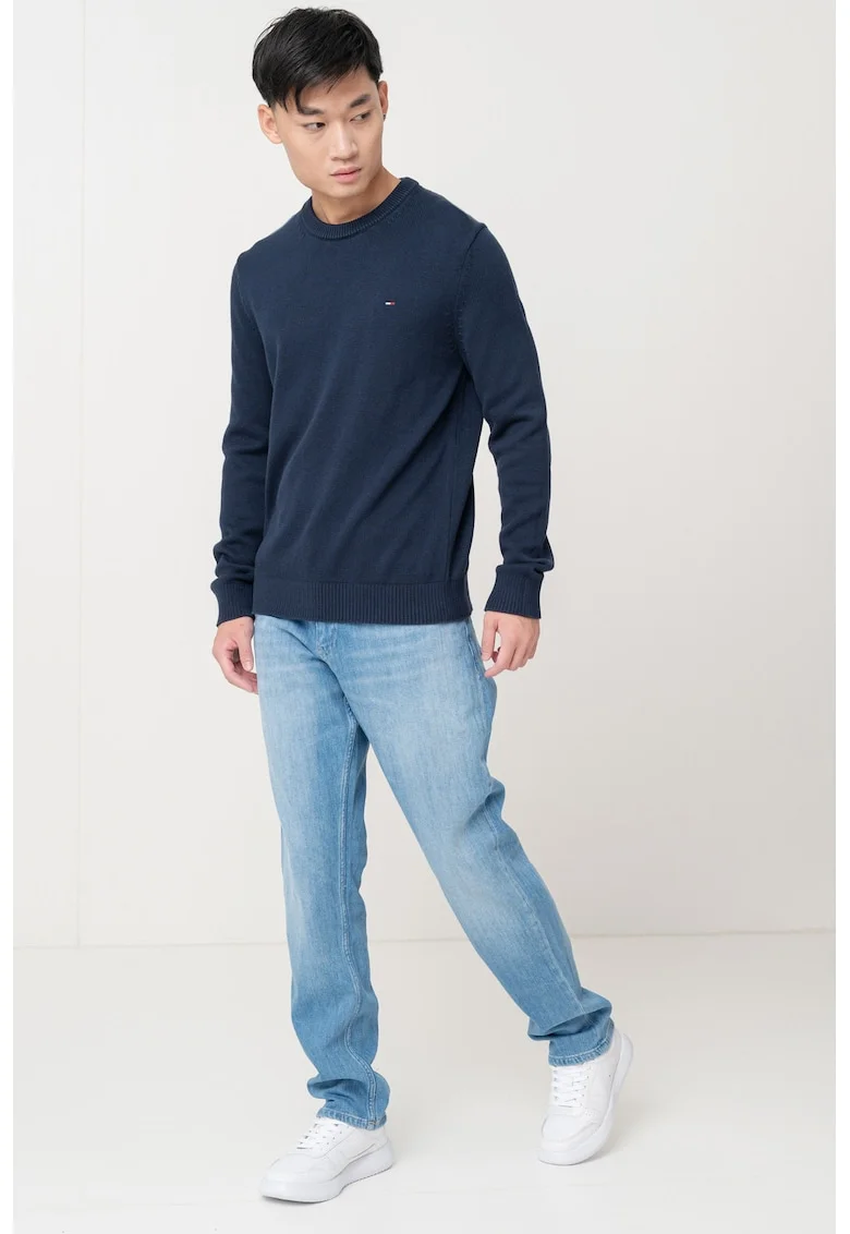 Pulover slim fit din bumbac organic - Bleumarin