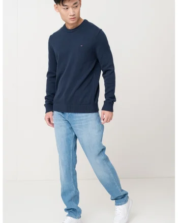 Pulover slim fit din bumbac organic - Bleumarin