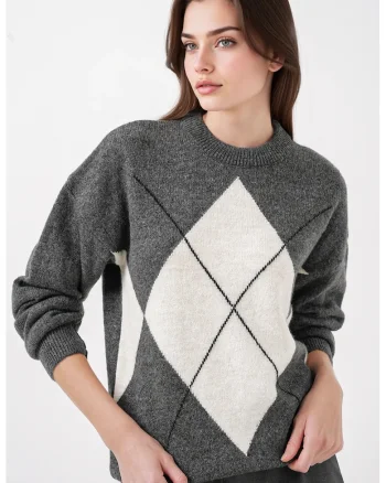 Pulover dama - BigDart - geometric supradimensionat - tricot - Gri carbune -