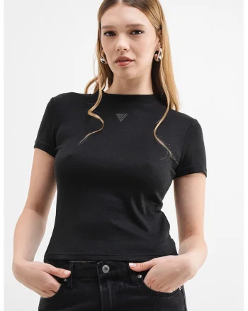 Tricou cambrat cu strasuri - Negru stins