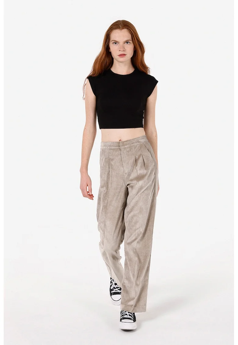 Pantaloni cu talie inalta si pliuri - Maro taupe deschis