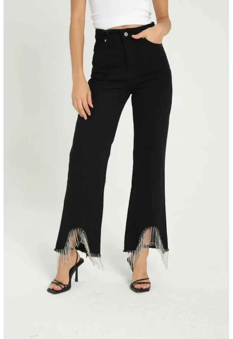 Blugi dama -  talie inalta - denim - croiala larga - tiv cu ciucuri - negru