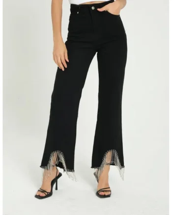 Blugi dama -  talie inalta - denim - croiala larga - tiv cu ciucuri - negru