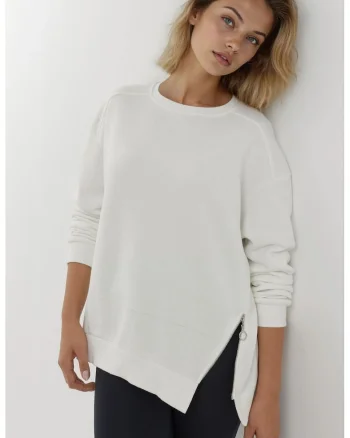 Hanorac dama -  texturat - guler rotund - fermoar - alb - textil