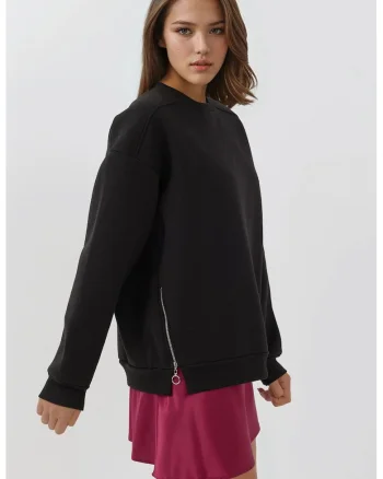 Hanorac dama -  texturat - guler rotund - fermoar - negru - textil