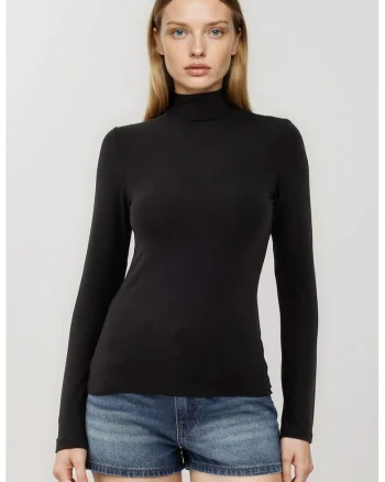 Bluza dama -  slim fit - guler inalt - negru - viscoza