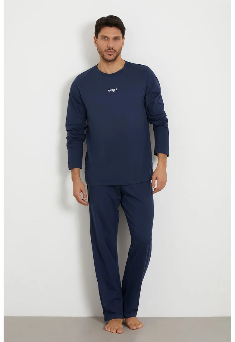 Pijama de bumbac cu pantaloni lungi si imprimeu logo - Albastru prafuit