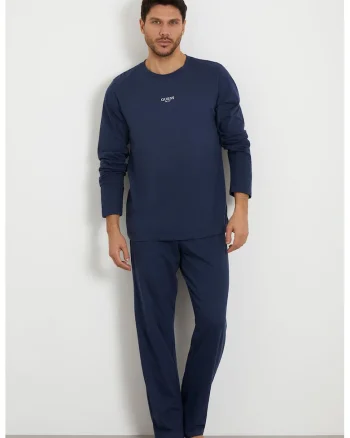 Pijama de bumbac cu pantaloni lungi si imprimeu logo - Albastru prafuit