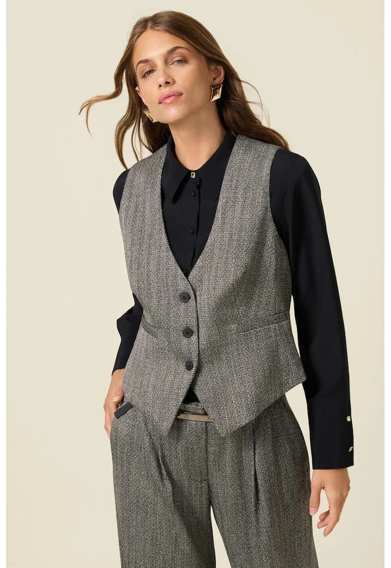 Vesta cu decolteu in V si model herringbone - Negru/Alb murdar