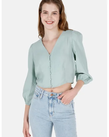 Camasa crop cu maneci bufante - Verde pal