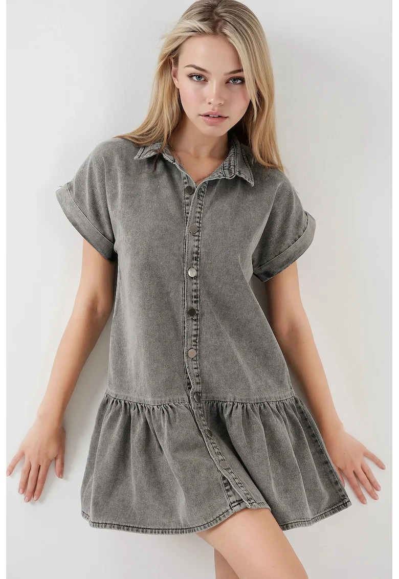 Rochie scurta din denim HiCCUP - guler camasa - detaliu cu nasturi - gri - bumbac