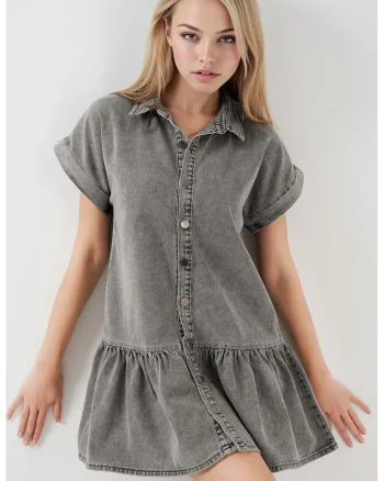 Rochie scurta din denim HiCCUP - guler camasa - detaliu cu nasturi - gri - bumbac