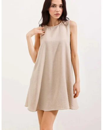 Rochie mini dama HiCCUP - viscoza/in - decolteu rotund - fara maneci - bej