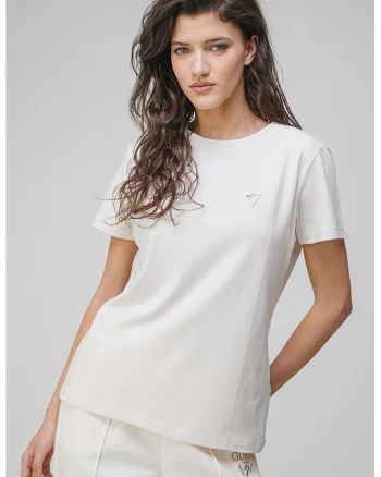 Tricou cu decolteu la baza gatului si aplicatie logo discreta - Alb fildes