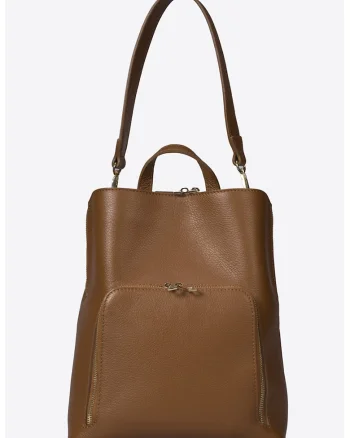 Rucsac din piele cu buzunar exterior - Caramel