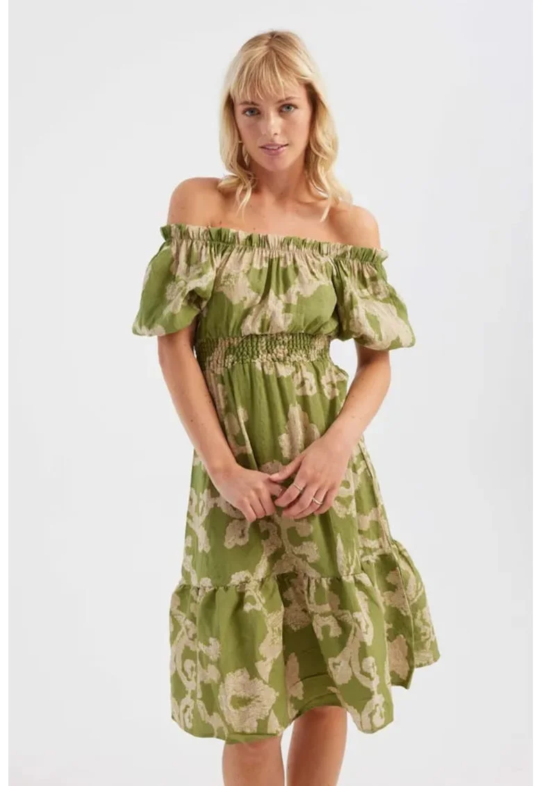 Rochie midi -  umeri goi - imprimeu abstract - verde - textil
