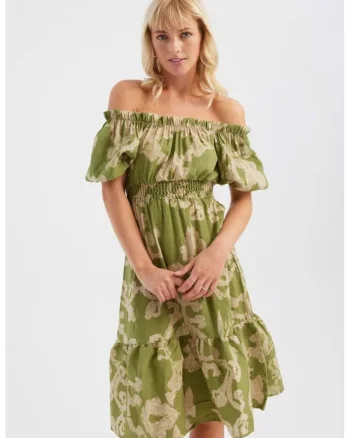Rochie midi -  umeri goi - imprimeu abstract - verde - textil