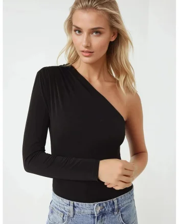 Bluza dama -  Body cu guler asimetric ajustat - Negru - Jerseu