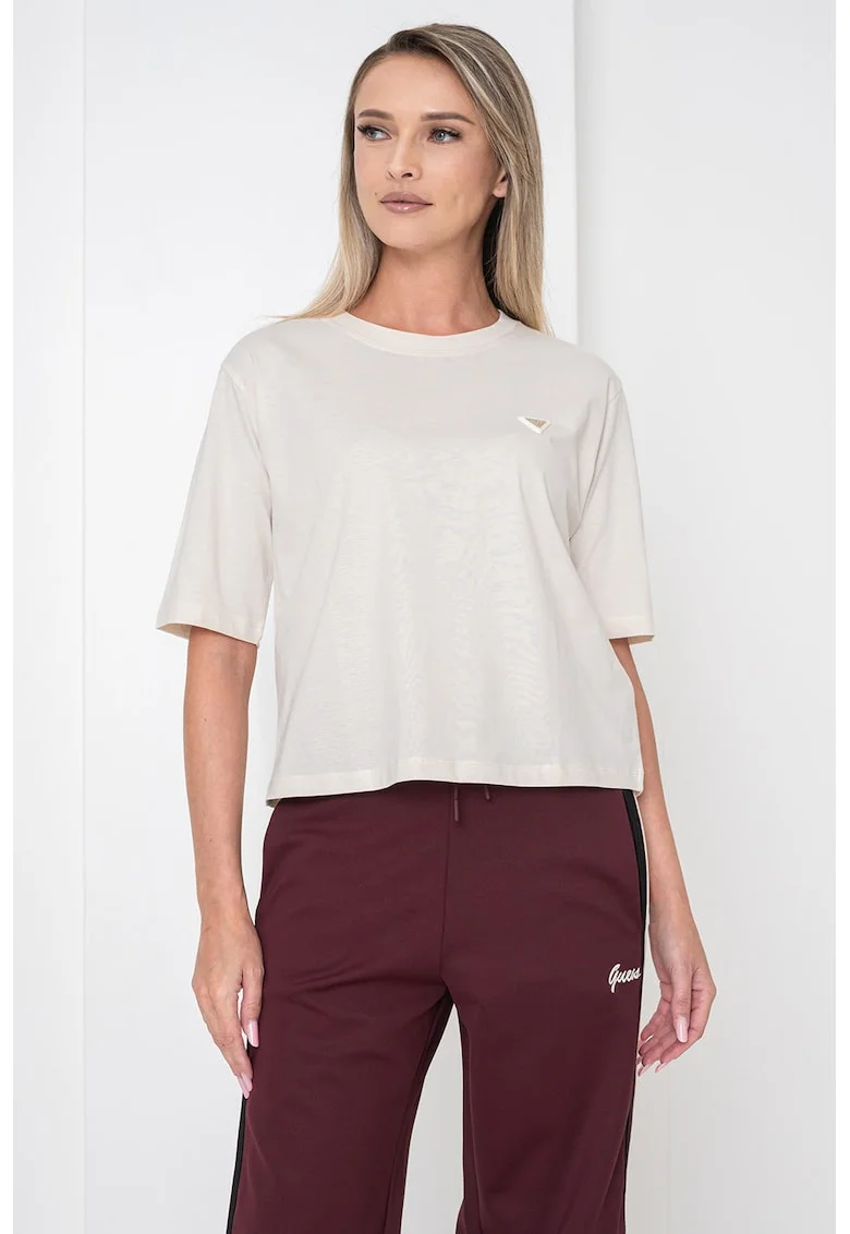 Tricou din bumbac cu decolteu la baza gatului - Crem