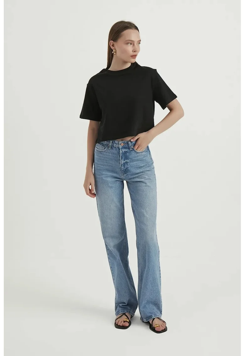 Tricou dama -  top scurt - guler rotund - jerseu - Negru -