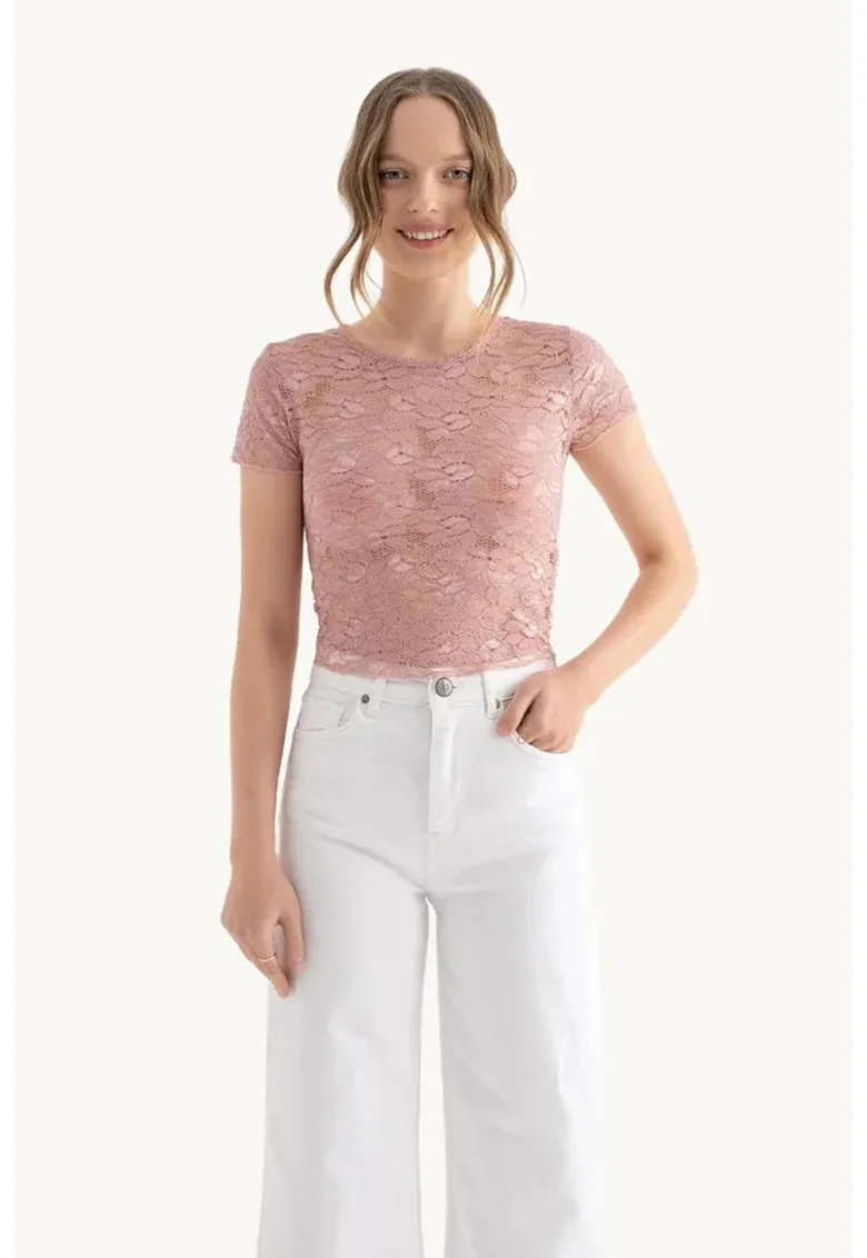 Top din plasa -  decolteu rotund - broderie florala - roz - jerseu