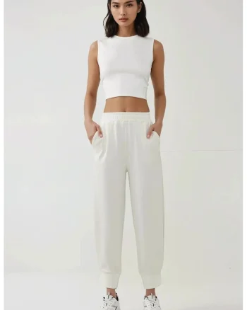 Pantaloni sport dama  talie elastica - design modern - culoare natur - material textil