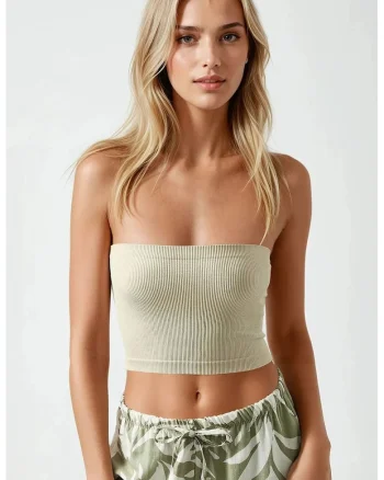 Top scurt dama -  slim fit - jerseu - fara bretele - bej