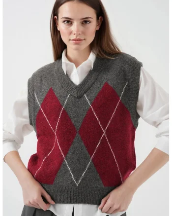 Pulover dama - BigDart - vesta cu decolteu in V - model geometric - tricot - Gri carbune -