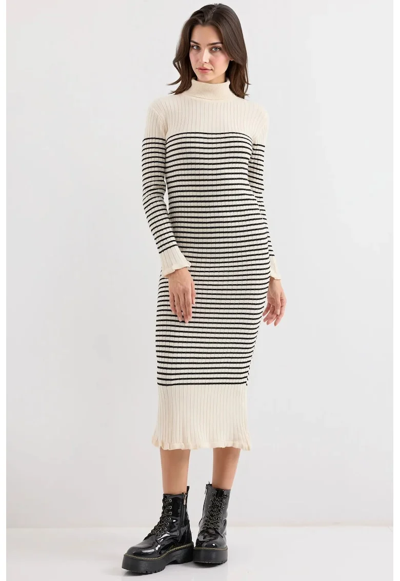 Rochie tricotata  guler inalt - dungi - material acril si lana - Fildes Natural -