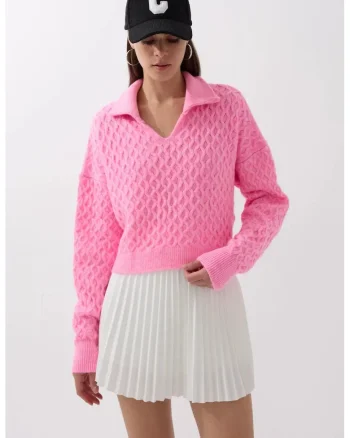 Pulover dama -  pulover tricotat texturat cu guler camasa - roz - tricot
