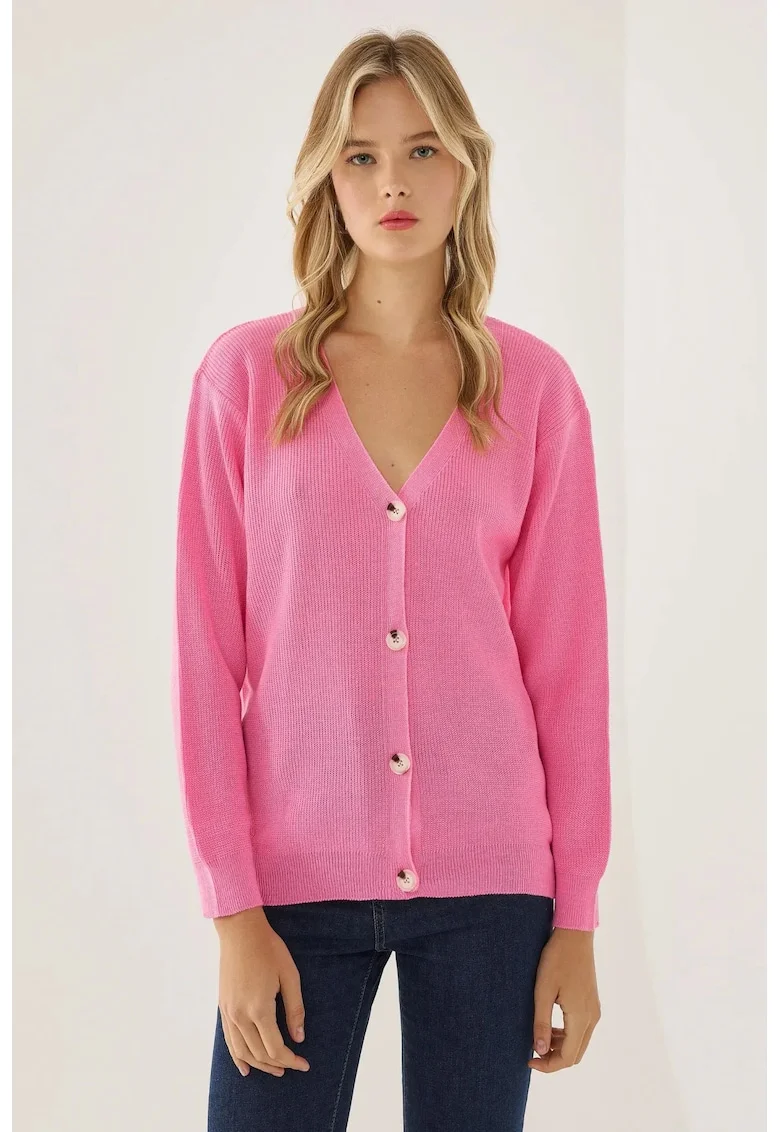 Cardigan Femei  Decolteu in V - Nasturi - Tricot - Roz neon