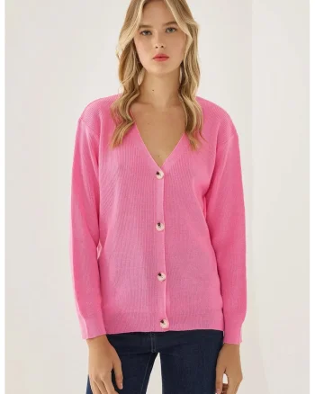 Cardigan Femei  Decolteu in V - Nasturi - Tricot - Roz neon