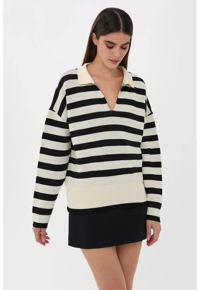 Pulover tricotat -  guler polo - dungi - negru - material acrilic
