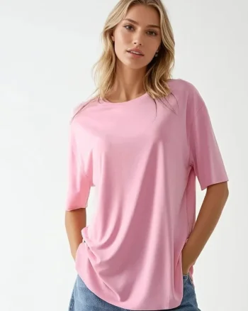 Tricou dama -  tricotat - guler rotund - maneca scurta - roz - jerseu