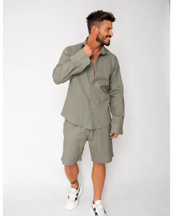 Set Lino 100% In camasa si pantalon scurt Dark Olive 17950 - Verde masliniu inchis