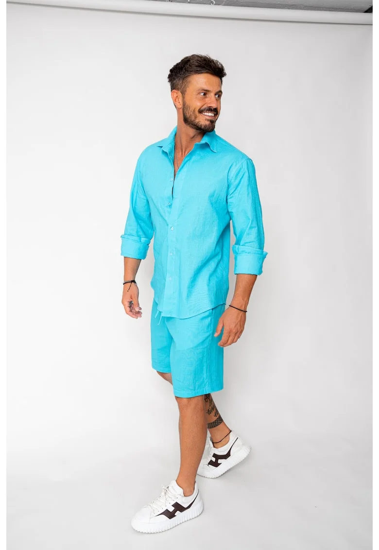 Set Lino 100% In camasa si pantalon scurt Turquoise 17960 - Turcoaz