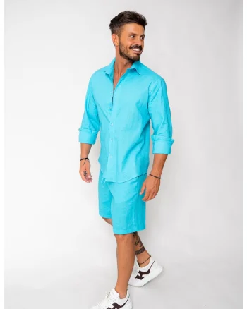 Set Lino 100% In camasa si pantalon scurt Turquoise 17960 - Turcoaz