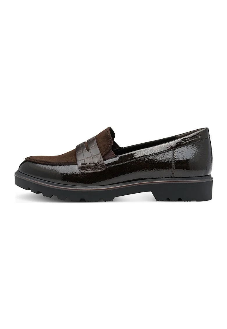 Pantofi loafer cu aspect lacuit si varf rotund - Maro inchis/Negru
