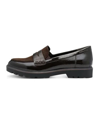 Pantofi loafer cu aspect lacuit si varf rotund - Maro inchis/Negru