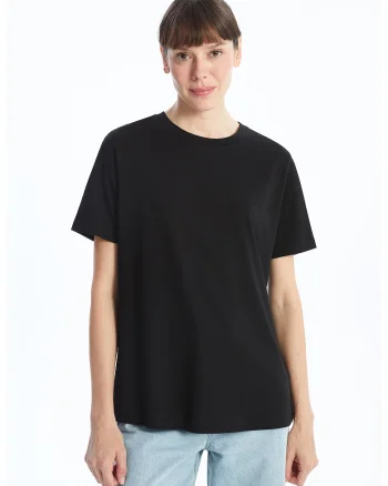 Tricou de bumbac cu decolteu la baza gatului - Negru