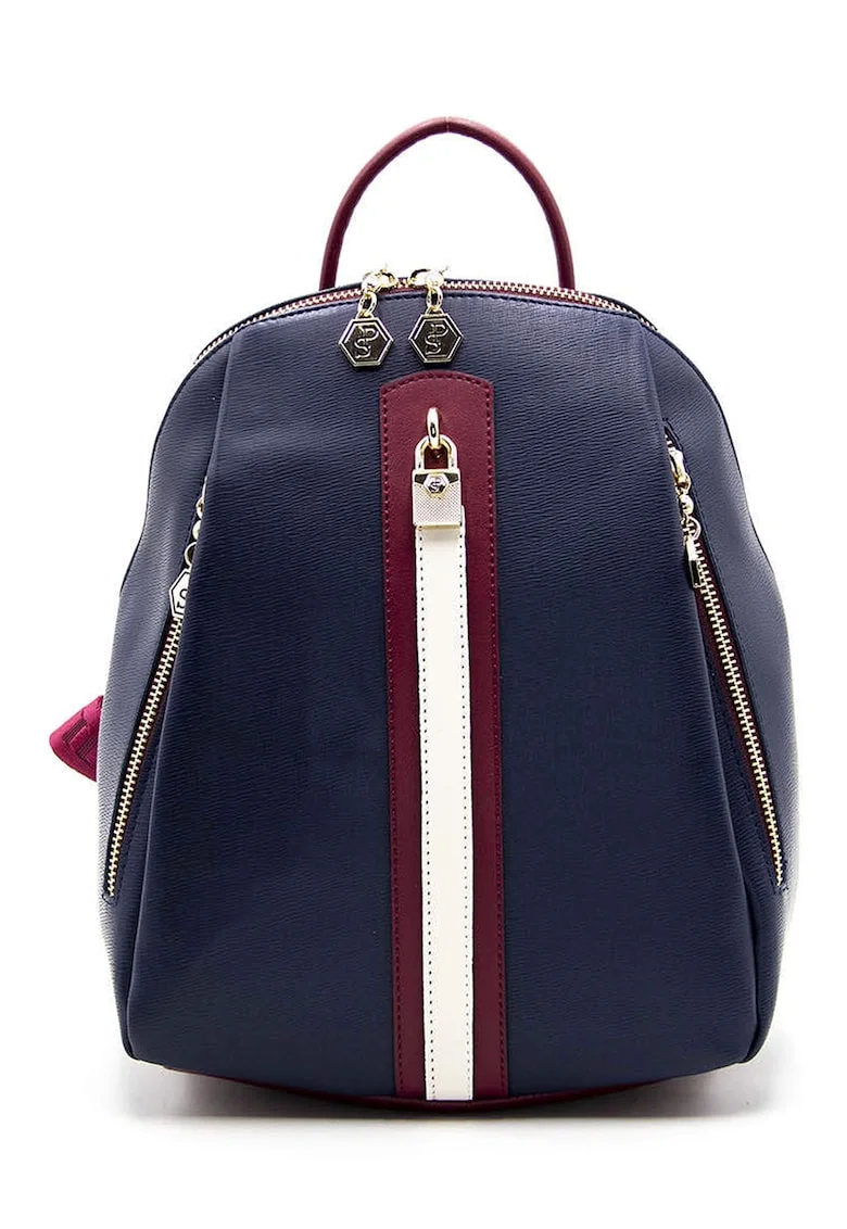Rucsac din piele ecologica cu buzunare multiple - Rosu inchis/Bleumarin