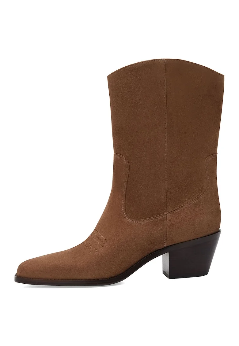 Botine cowboy de piele intoarsa si toc cubanez - Caramel