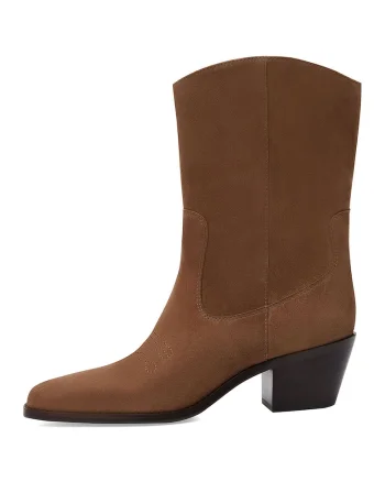Botine cowboy de piele intoarsa si toc cubanez - Caramel