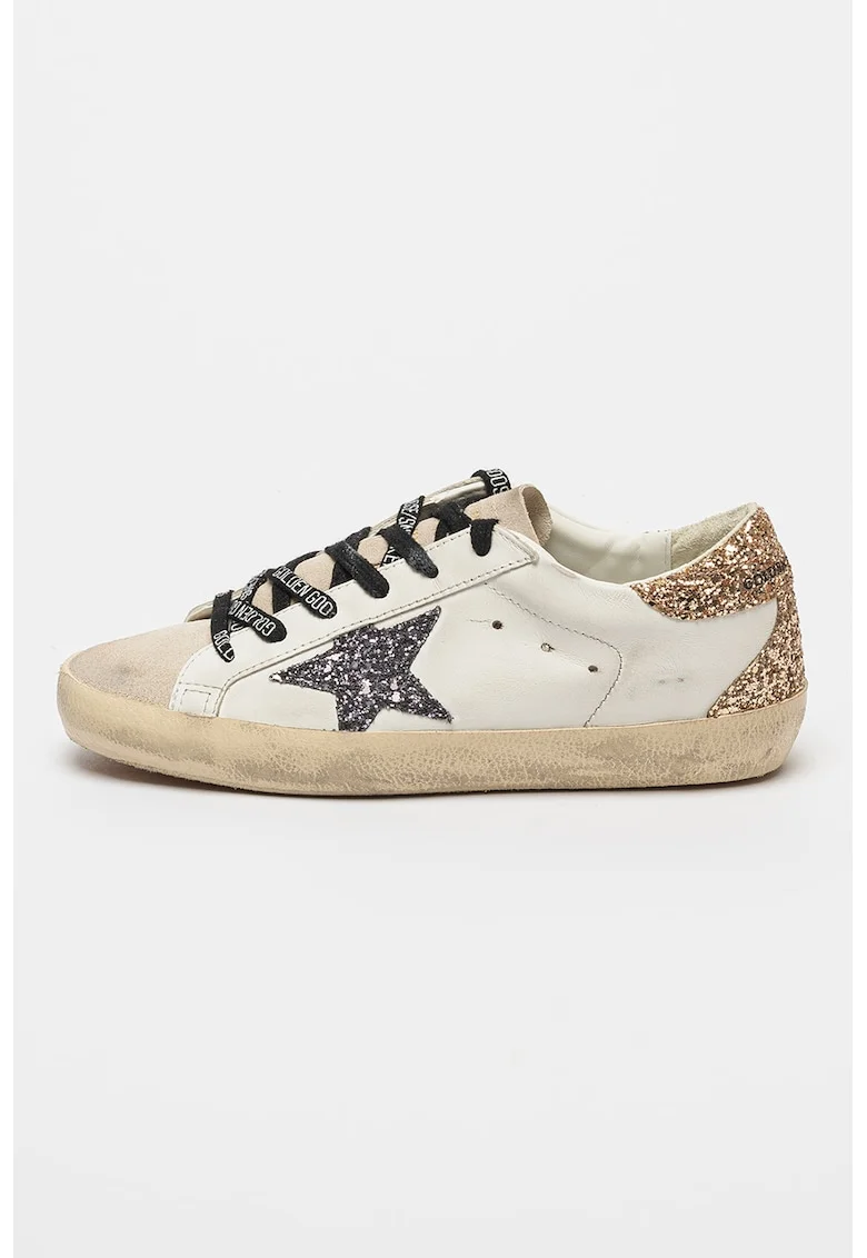 Pantofi sport de piele cu insertii stralucitoare si din material textil - Negru/Alb murdar/Roz prafuit