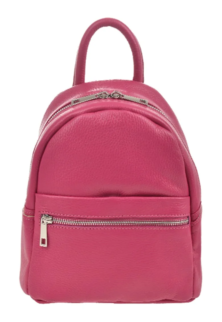Rucsac de piele cu buzunar cu fermoar - Fucsia
