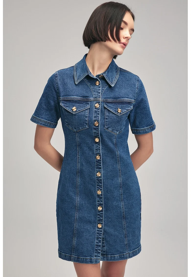 Rochie-camasa din denim cu croiala dreapta - Albastru