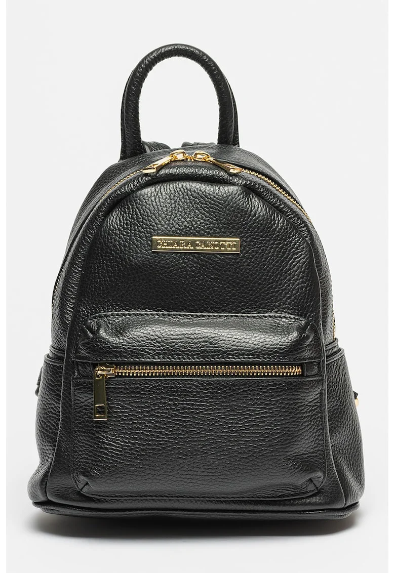 Rucsac de piele cu buzunar frontal cu fermoar - Negru